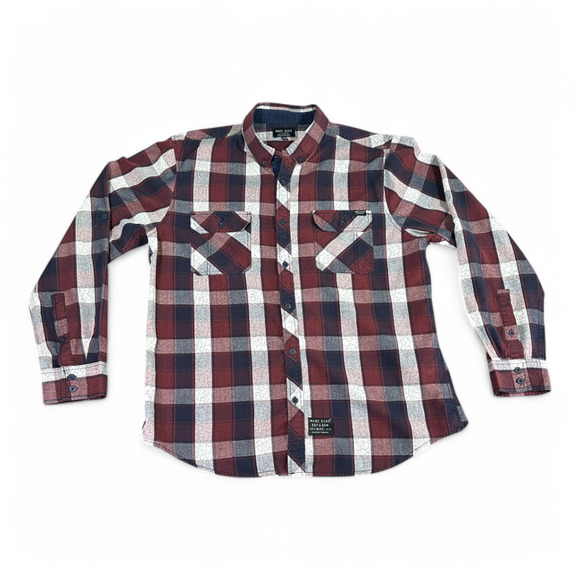 Marc Ecko Shirt Adult EXTRA LARGE Burgundy Blue Cut & Sew Plaid Pockets - Picture 1 of 11